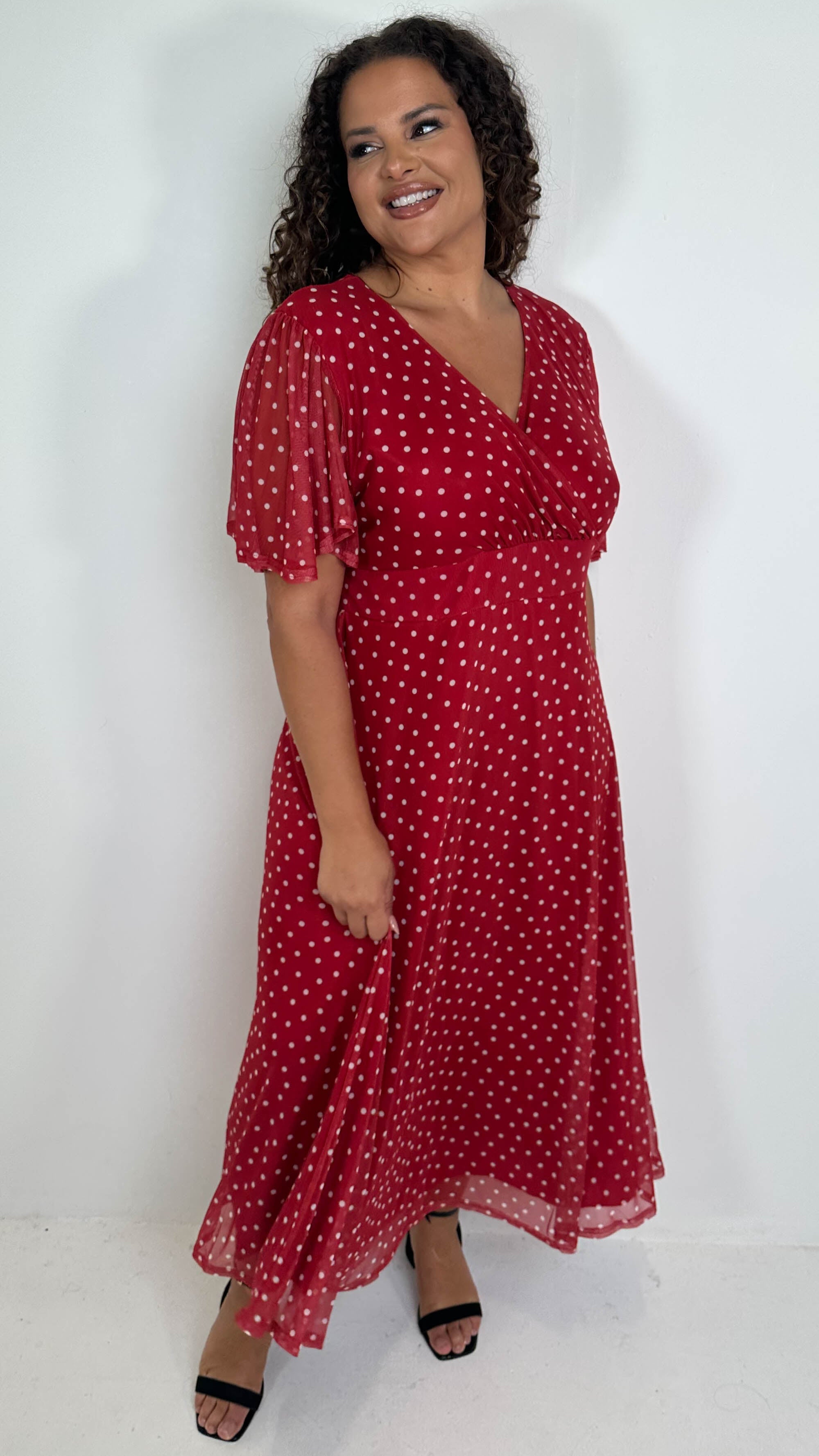 CurveWow Mesh Angel Sleeve Dress Red Spot