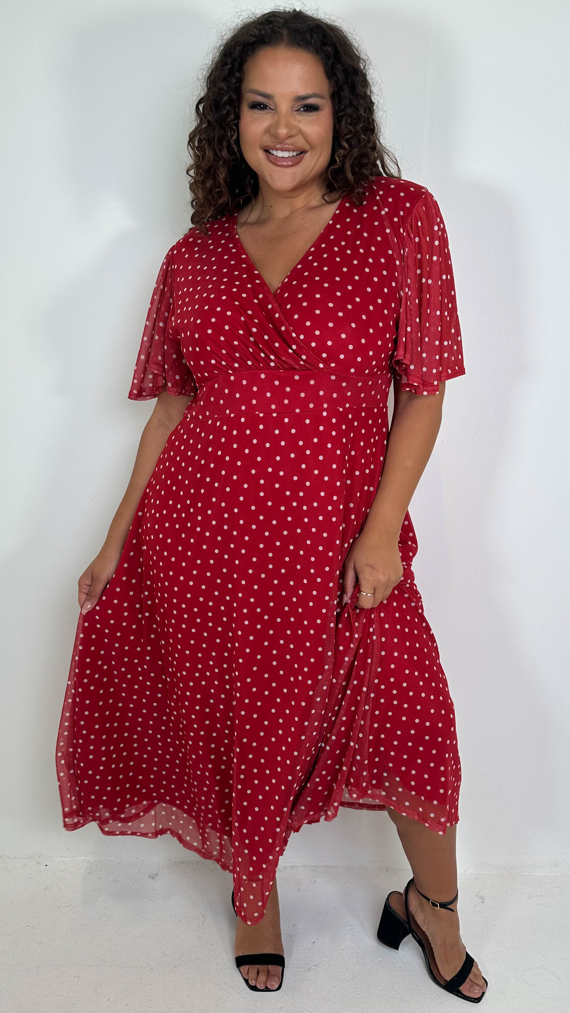 CurveWow Mesh Angel Sleeve Dress Red Spot