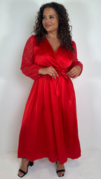 CurveWow Mesh Detail Wrap Midaxi Dress Red