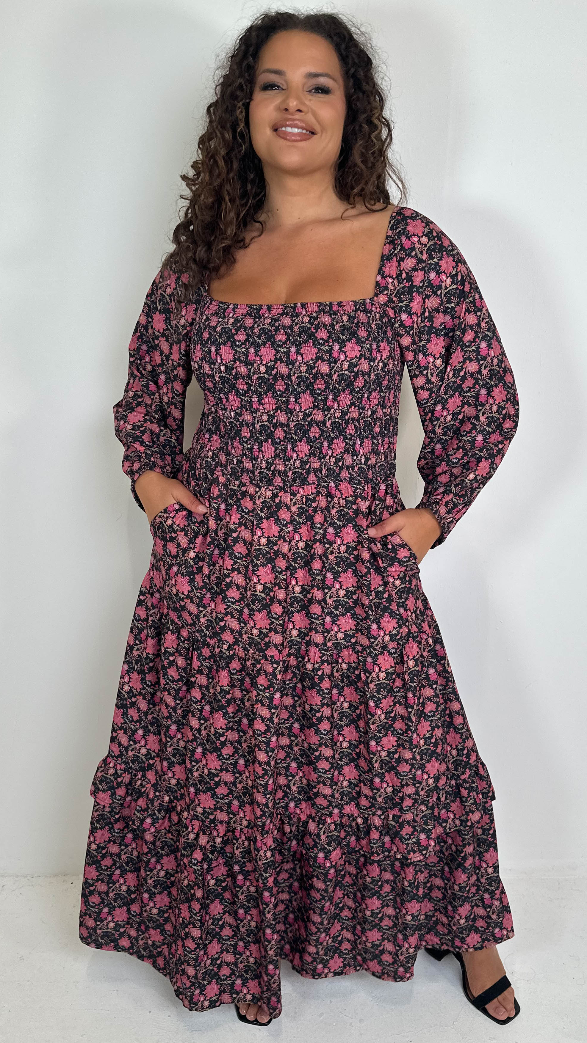 CurveWow Shirred Top Maxi Dress Red Floral