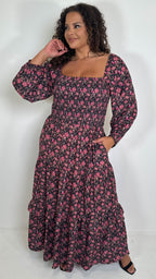 CurveWow Shirred Top Maxi Dress Red Floral