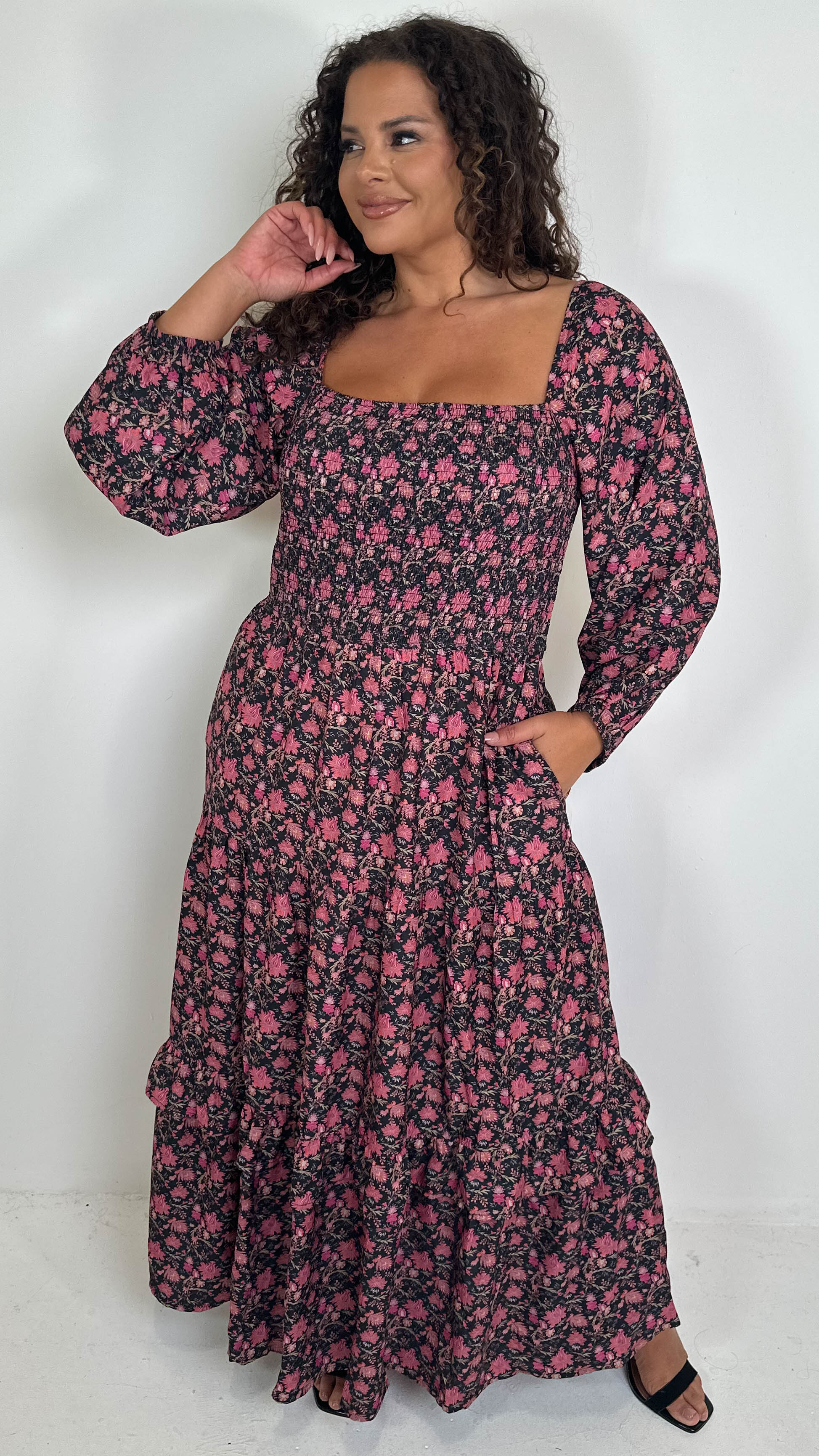CurveWow Shirred Top Maxi Dress Red Floral