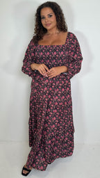 CurveWow Shirred Top Maxi Dress Red Floral