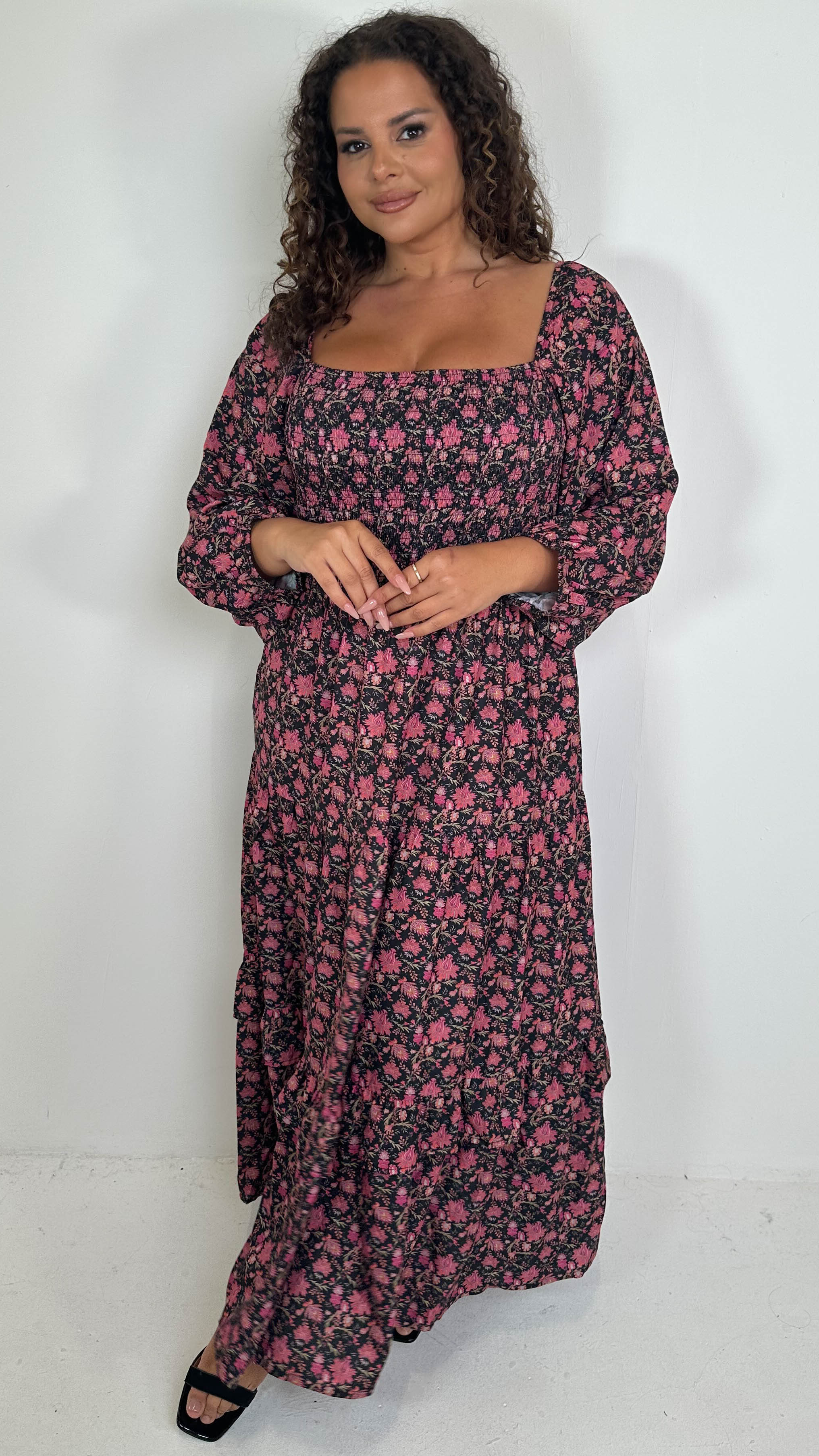 CurveWow Shirred Top Maxi Dress Red Floral