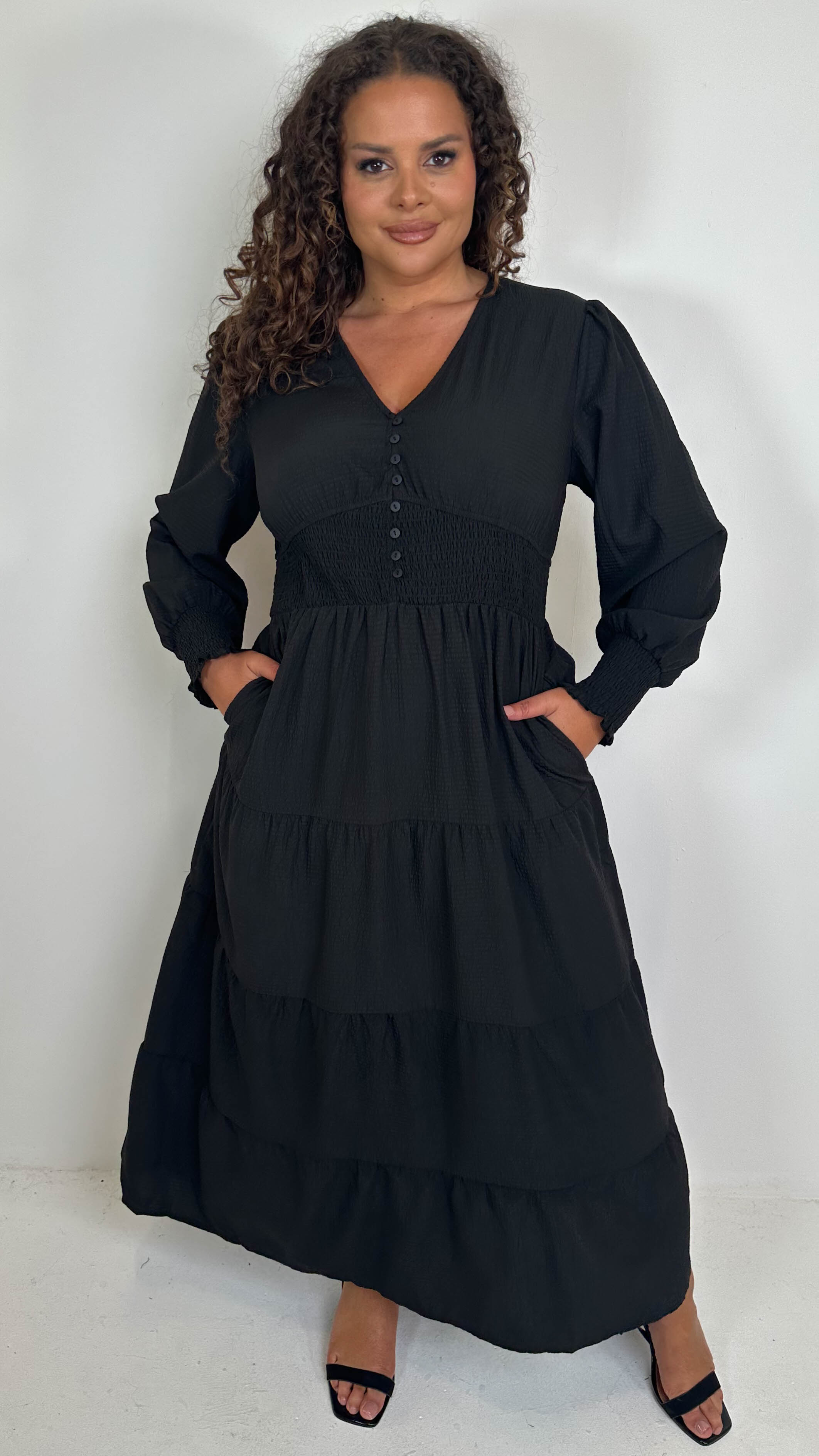 CurveWow Textured Button Front Shirred Waist Maxi Dress Black