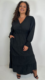 CurveWow Textured Button Front Shirred Waist Maxi Dress Black