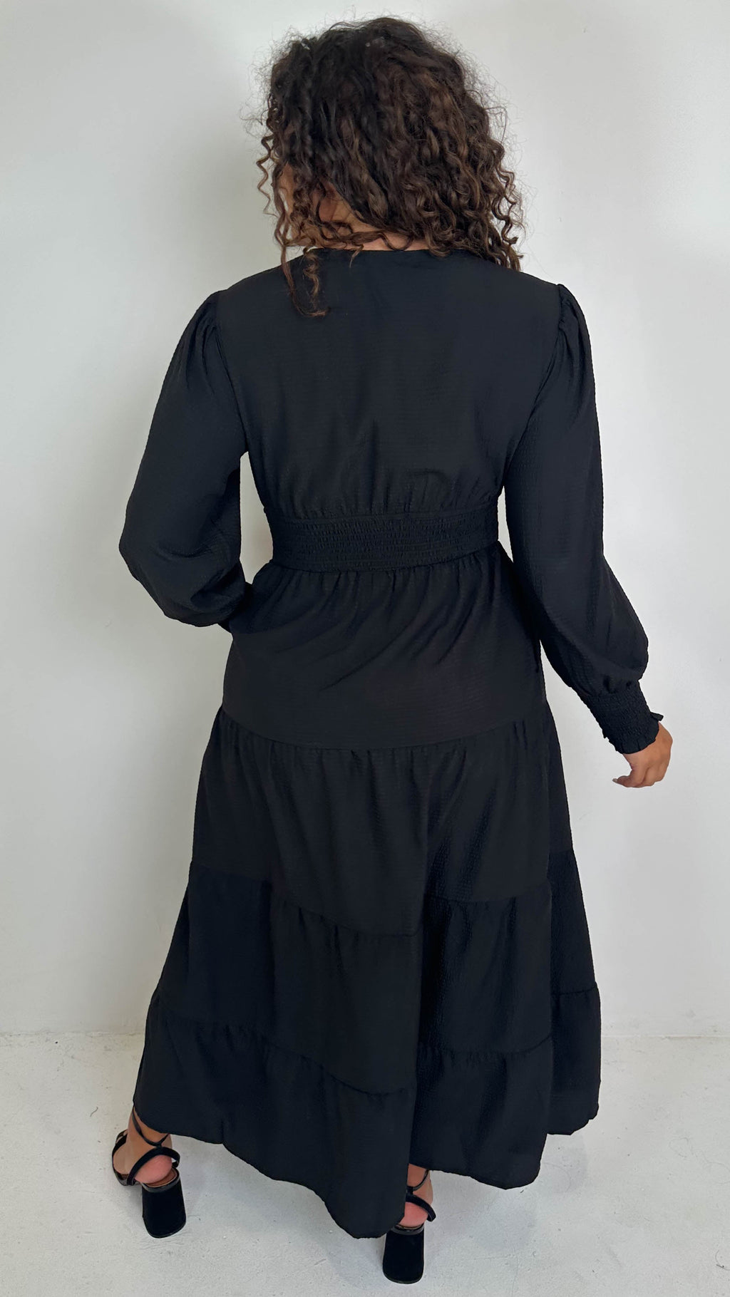 CurveWow Textured Button Front Shirred Waist Maxi Dress Black