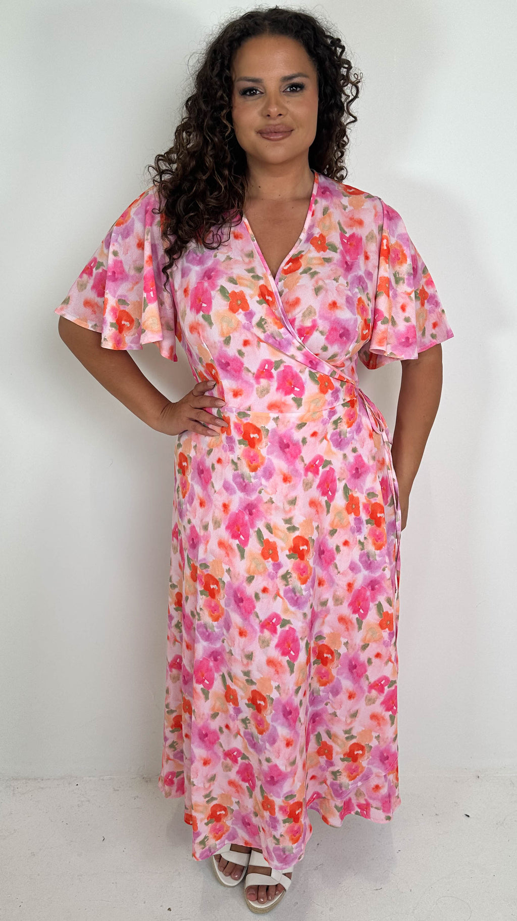 CurveWow Angel Sleeve Wrap Dress Pink Multi Floral