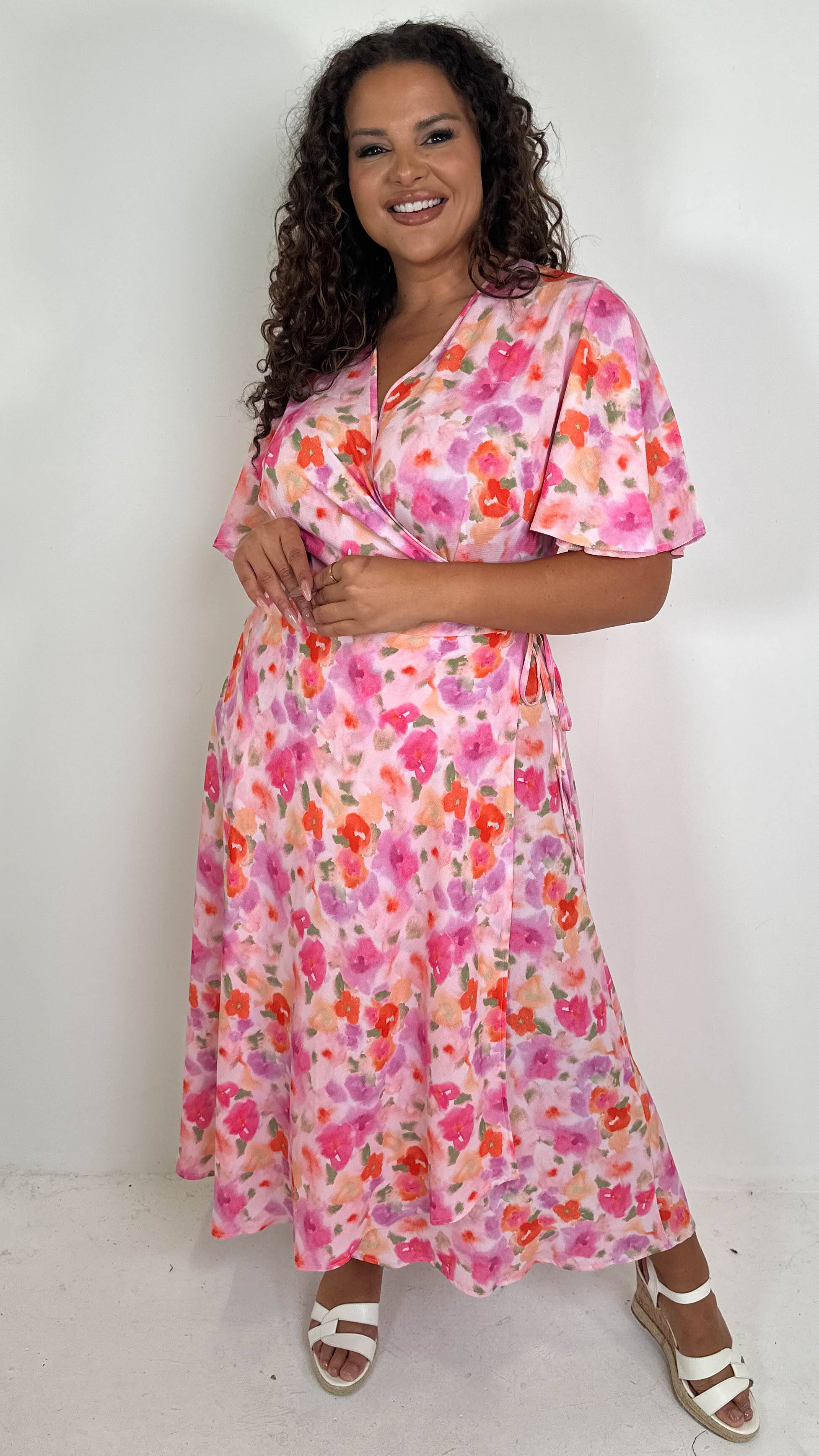 CurveWow Angel Sleeve Wrap Dress Pink Multi Floral