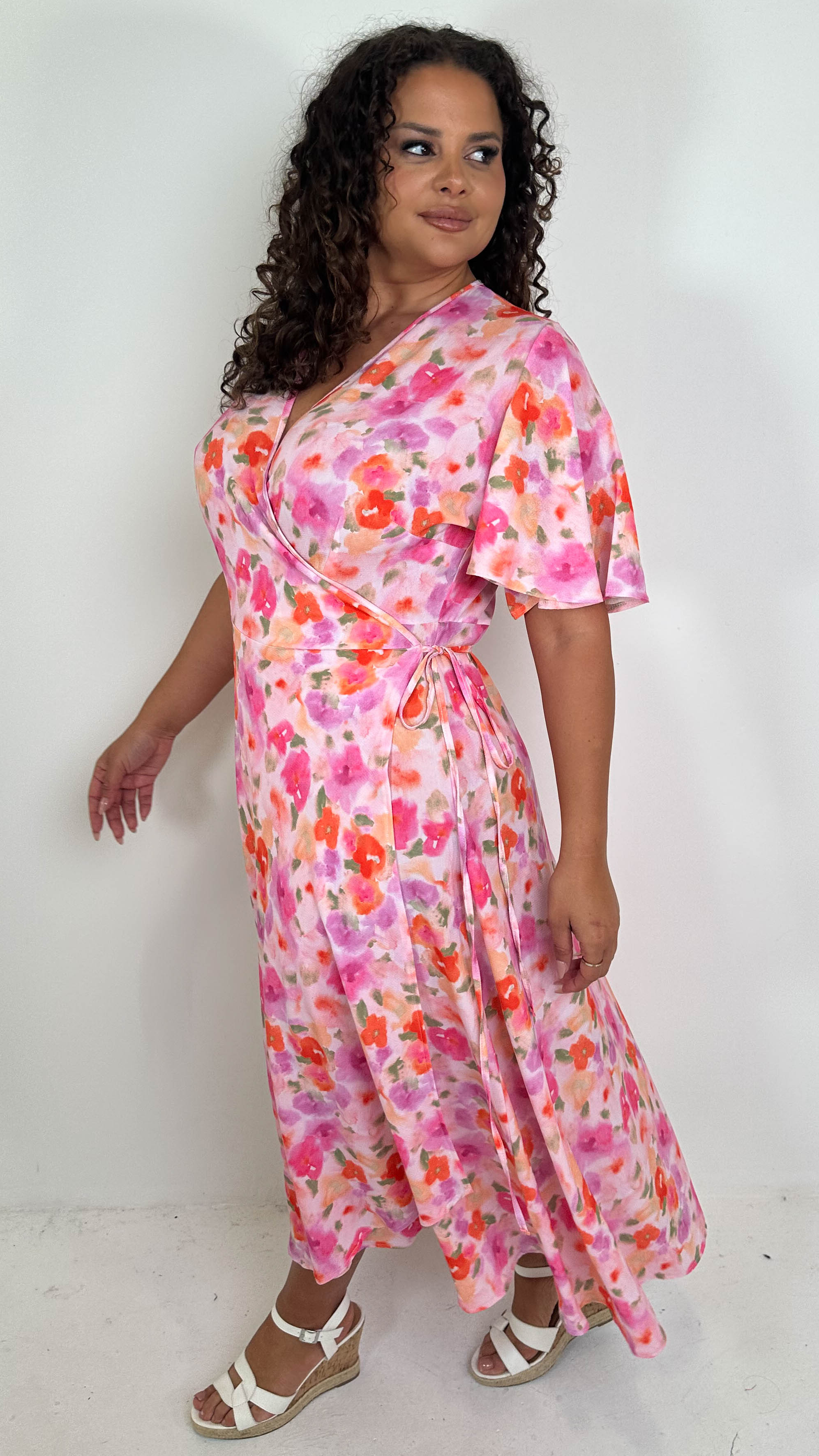 CurveWow Angel Sleeve Wrap Dress Pink Multi Floral
