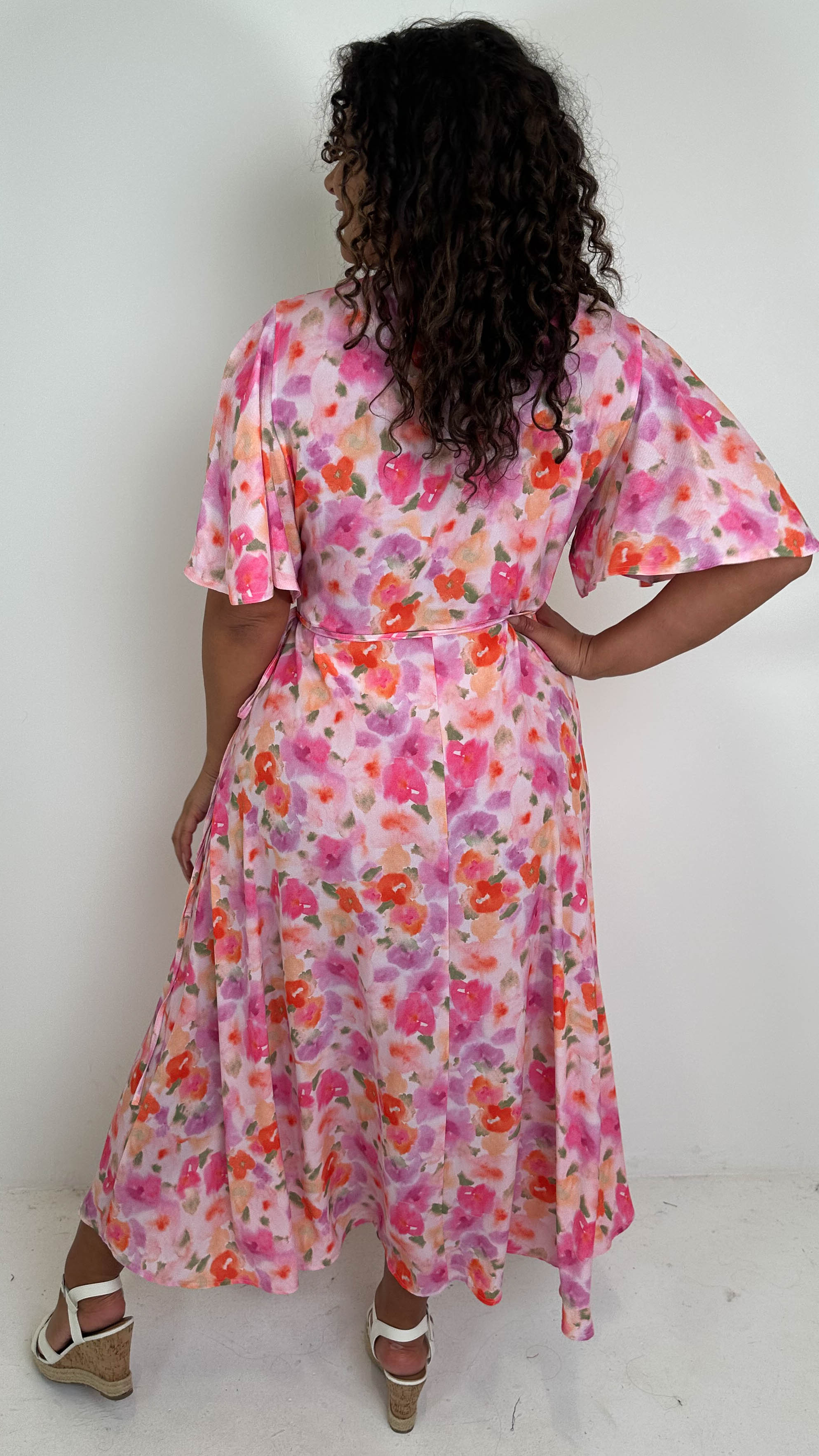 CurveWow Angel Sleeve Wrap Dress Pink Multi Floral