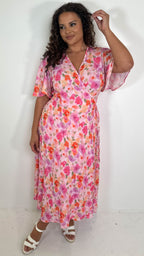 CurveWow Angel Sleeve Wrap Dress Pink Multi Floral