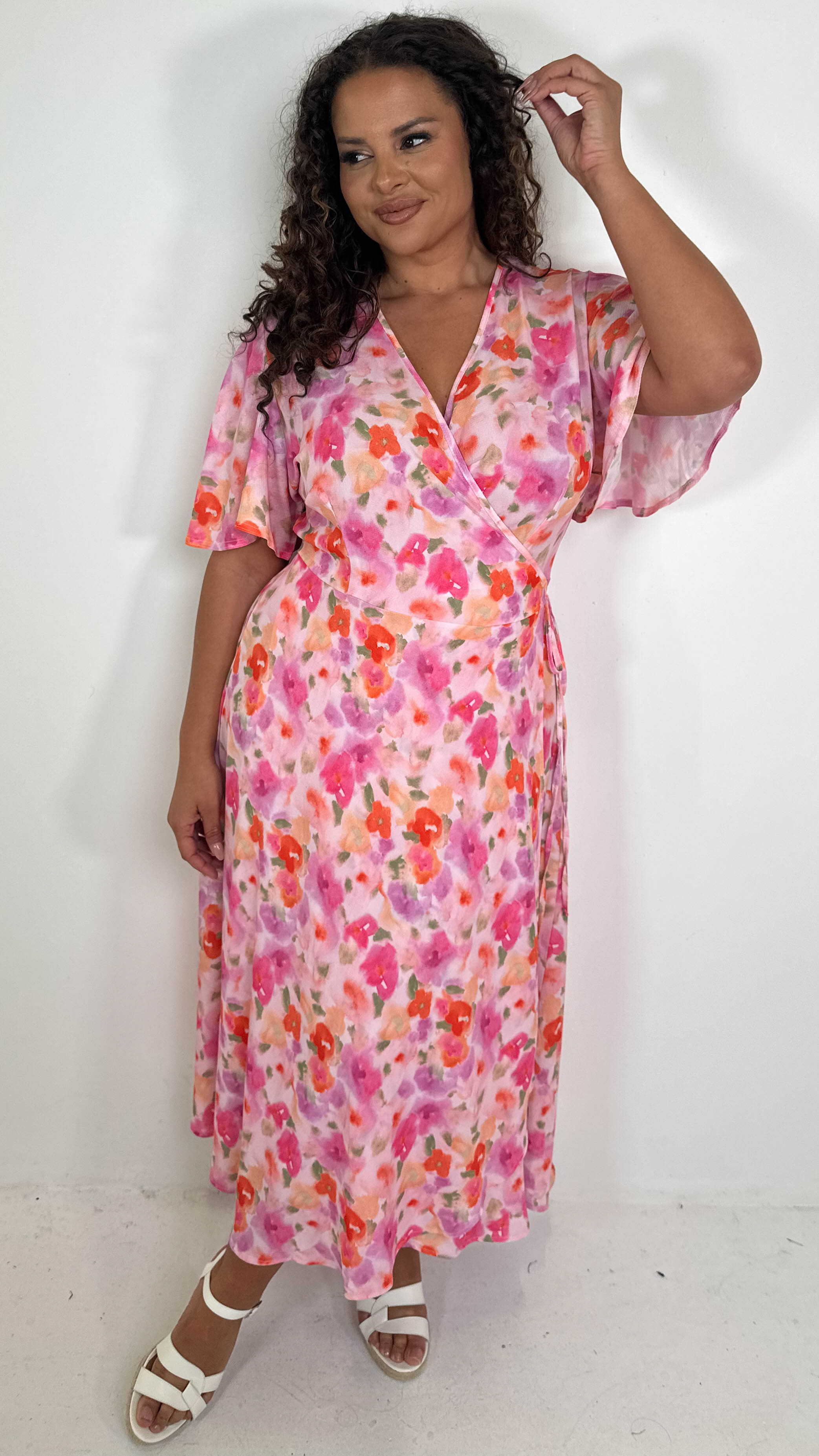 CurveWow Angel Sleeve Wrap Dress Pink Multi Floral