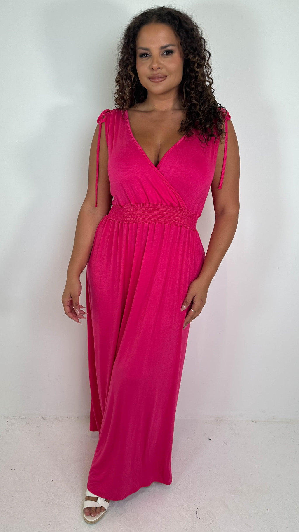 CurveWow Tie Shoulder Shirred Waist Maxi Dress Cerise