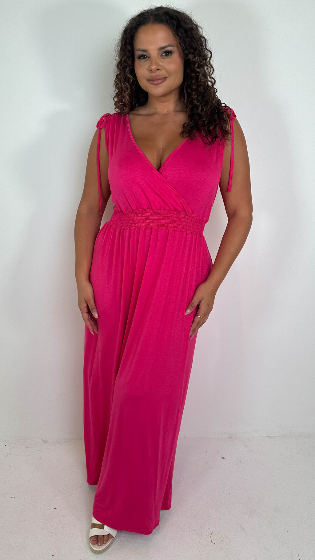 CurveWow Tie Shoulder Shirred Waist Maxi Dress Cerise