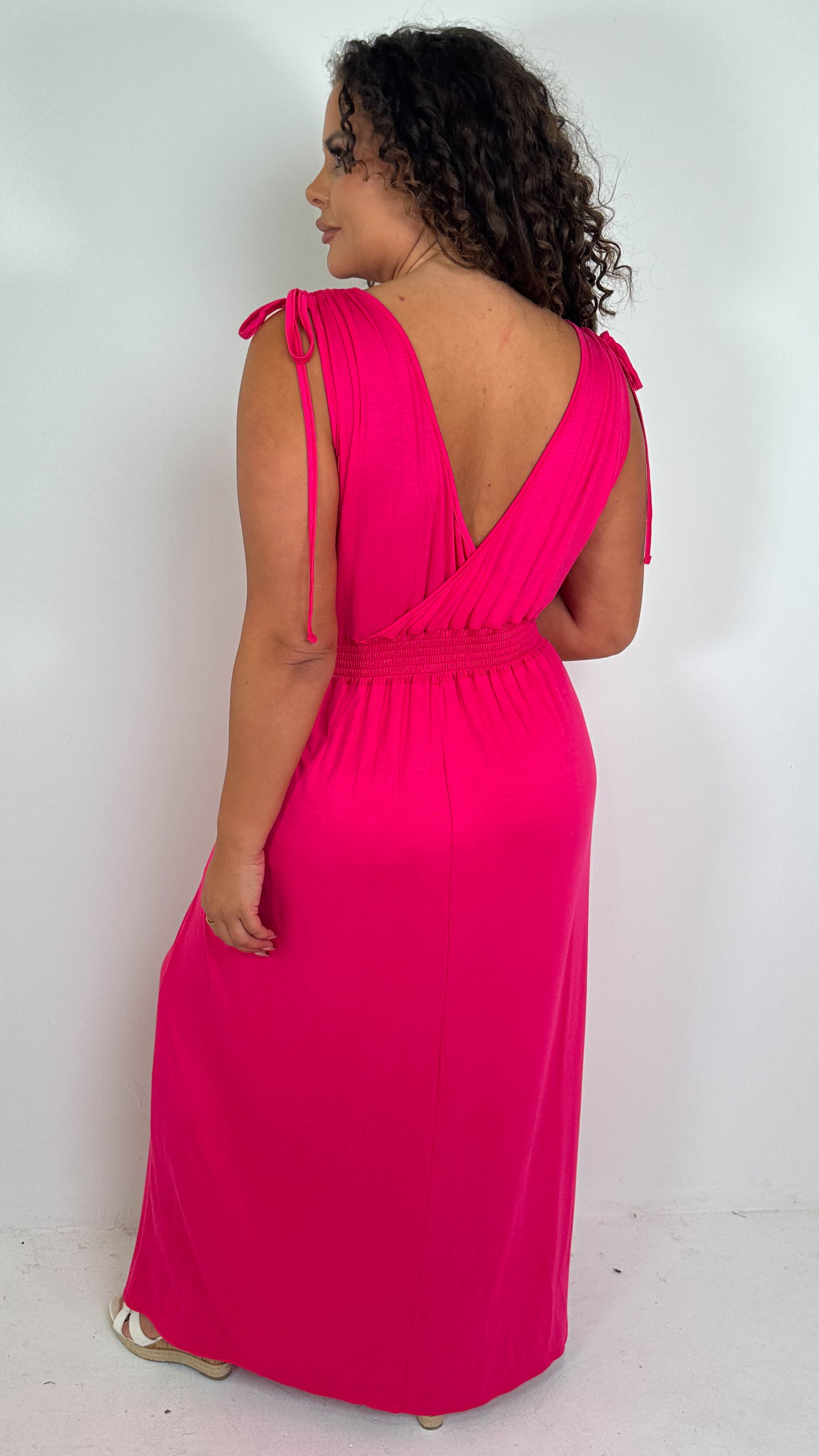 CurveWow Tie Shoulder Shirred Waist Maxi Dress Cerise
