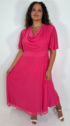 CurveWow Cowl Neck Mesh Angel Sleeve Dress Cerise