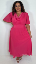 CurveWow Cowl Neck Mesh Angel Sleeve Dress Cerise