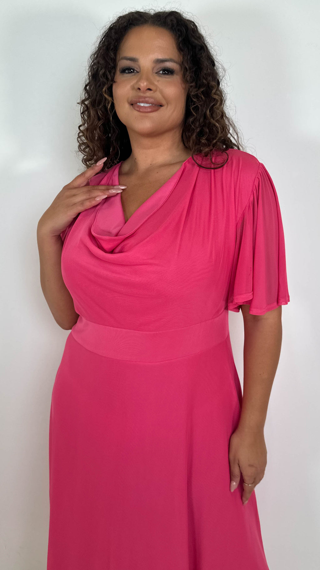 CurveWow Cowl Neck Mesh Angel Sleeve Dress Cerise