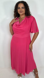 CurveWow Cowl Neck Mesh Angel Sleeve Dress Cerise