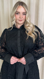 CurveWow Lace Tie Waist Shirt Dress Black