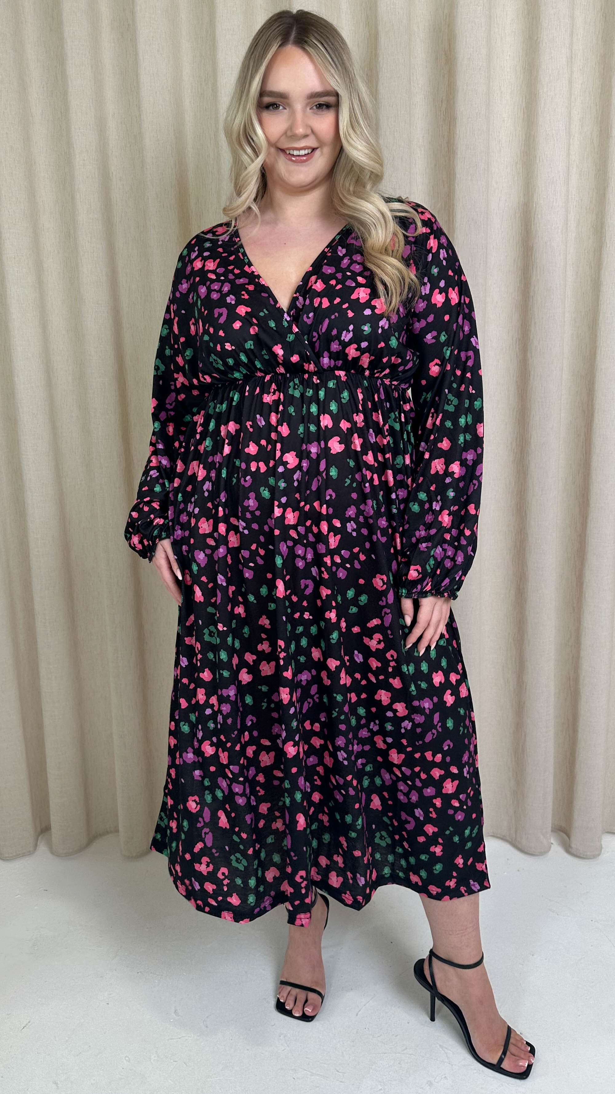 CurveWow Petite Wrap Balloon Sleeve Midaxi Dress Multi Animal