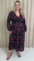 CurveWow Petite Wrap Balloon Sleeve Midaxi Dress Multi Animal