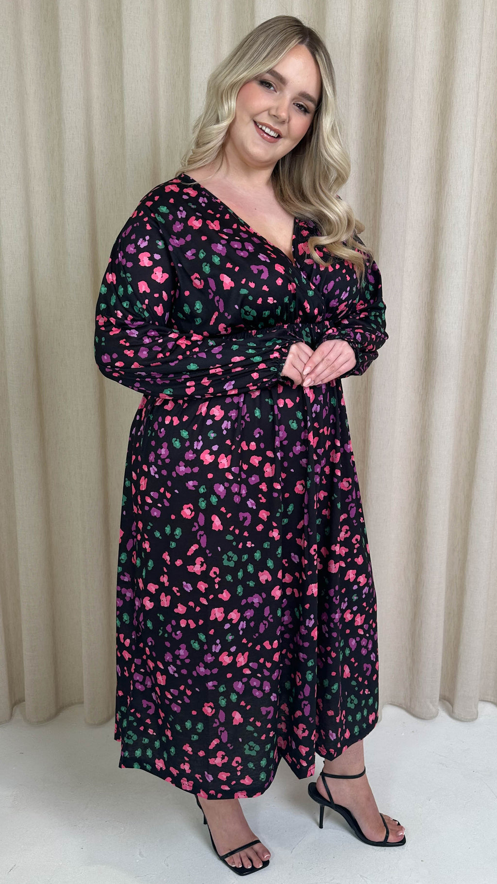 CurveWow Wrap Balloon Sleeve Midaxi Dress Multi Animal