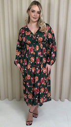 CurveWow Wrap Balloon Sleeve Midaxi Dress Green