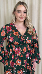 CurveWow Wrap Balloon Sleeve Midaxi Dress Green