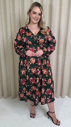 CurveWow Wrap Balloon Sleeve Midaxi Dress Green