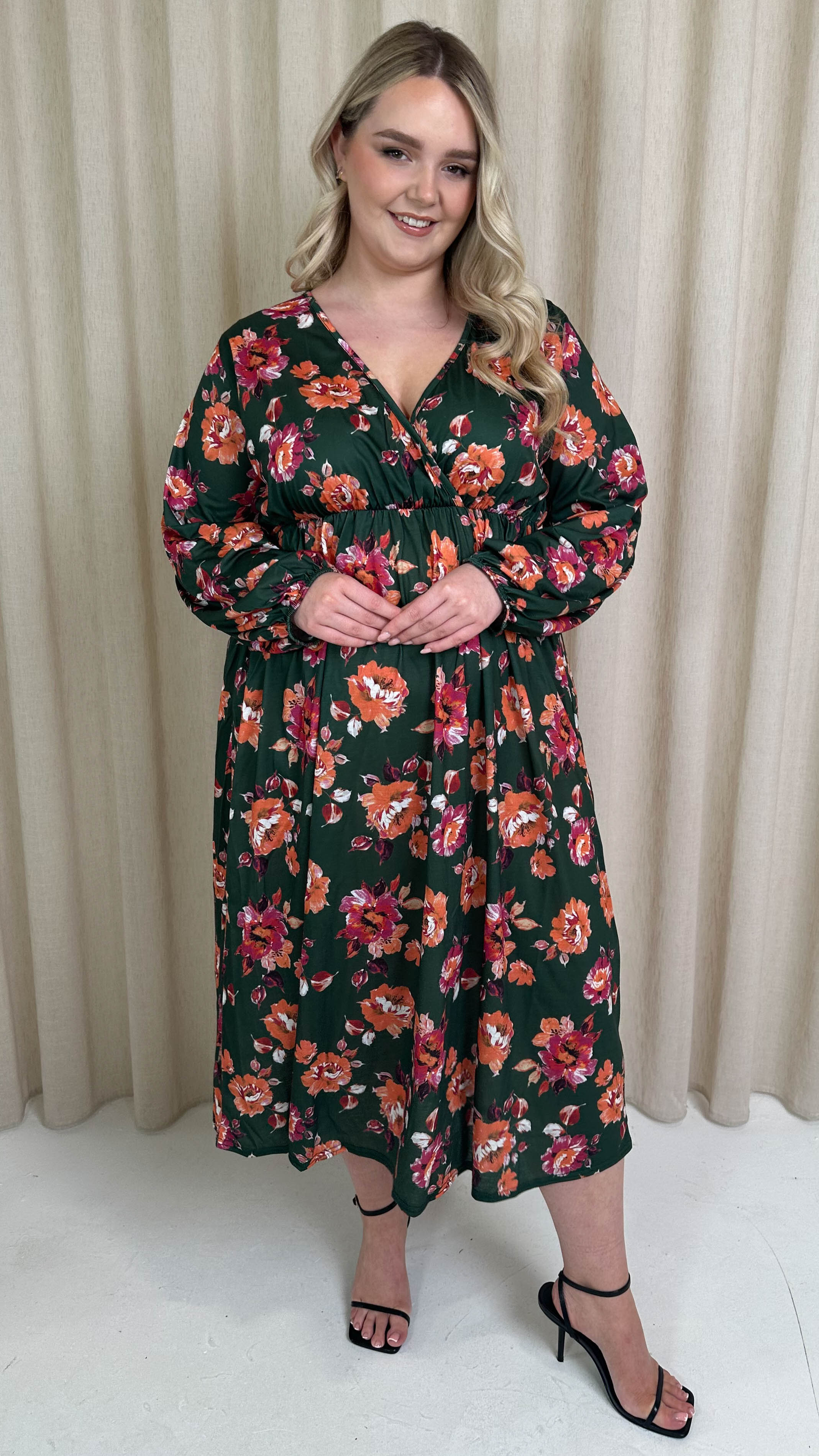 CurveWow Wrap Balloon Sleeve Midaxi Dress Green