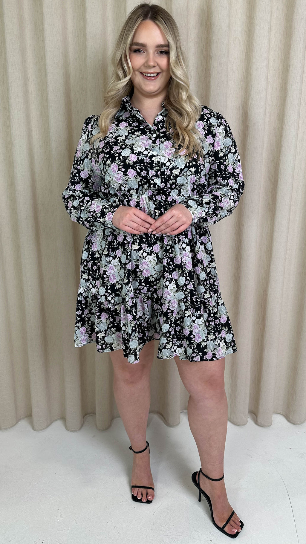 CurveWow Long Sleeve Button Front Frill Dress Black Floral