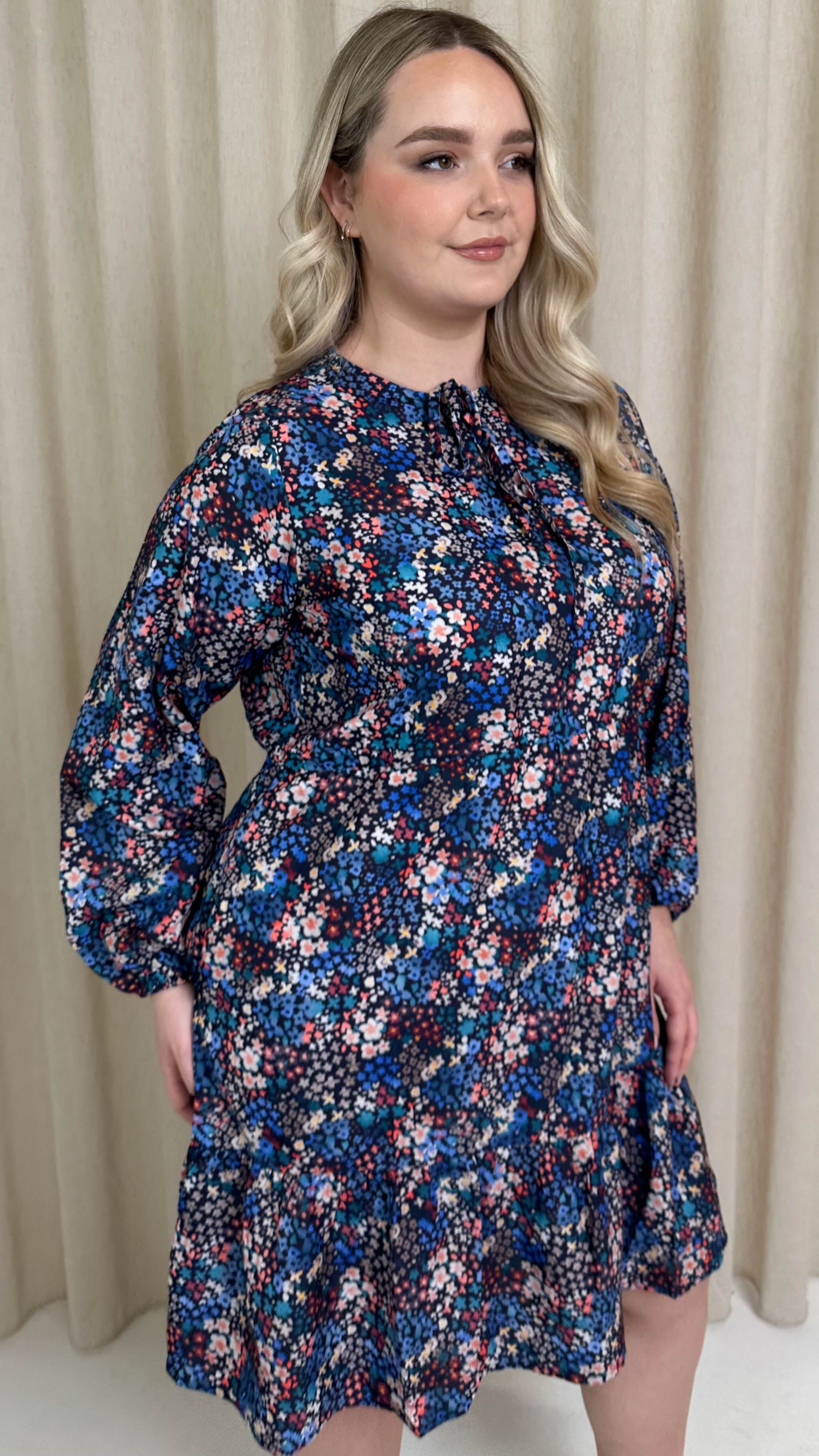 CurveWow Tie Neck Tiered Mini Dress Multi Floral
