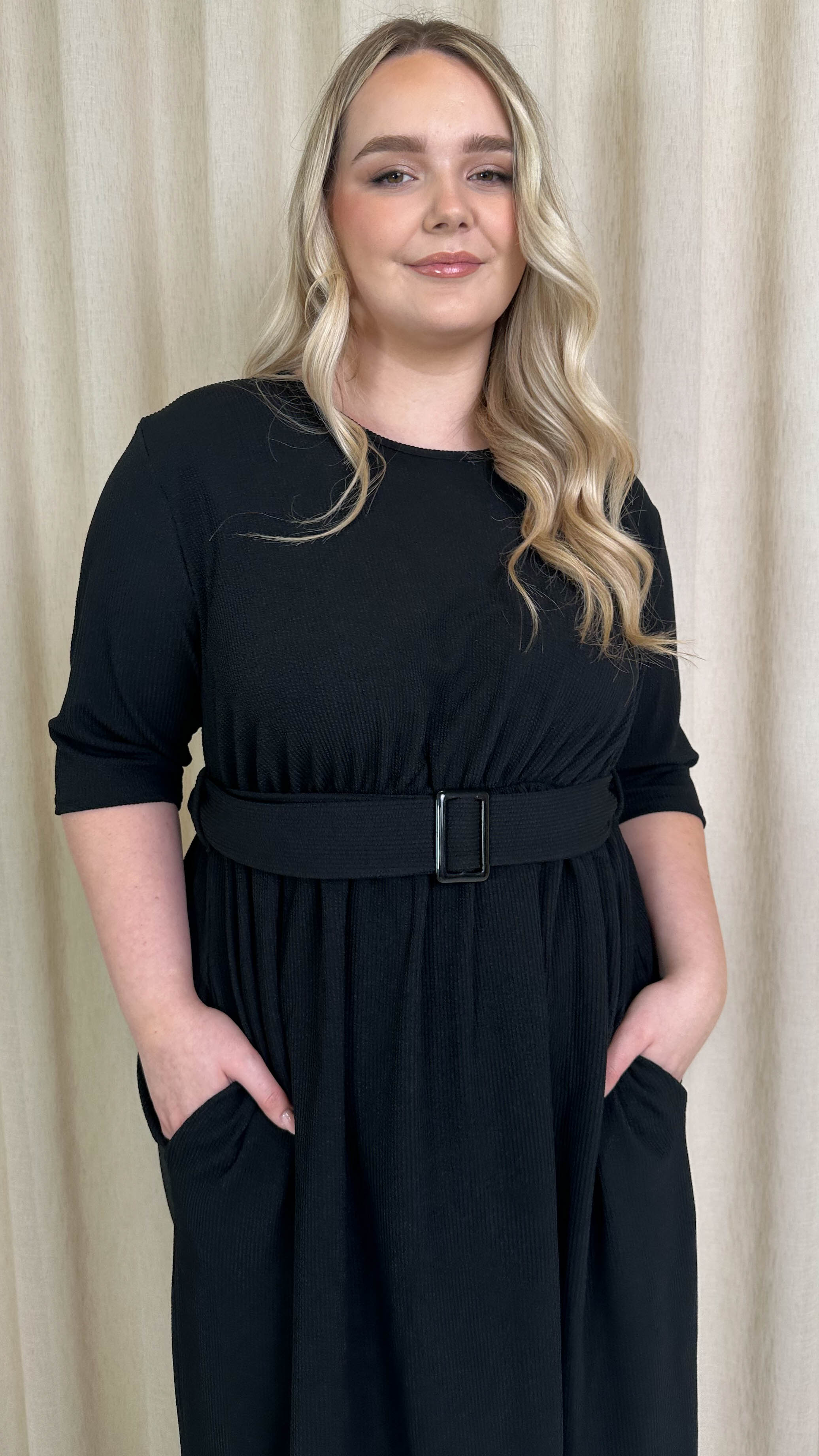 CurveWow Textured Belted Pocket Midi Dress Black