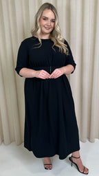 CurveWow Textured Belted Pocket Midi Dress Black