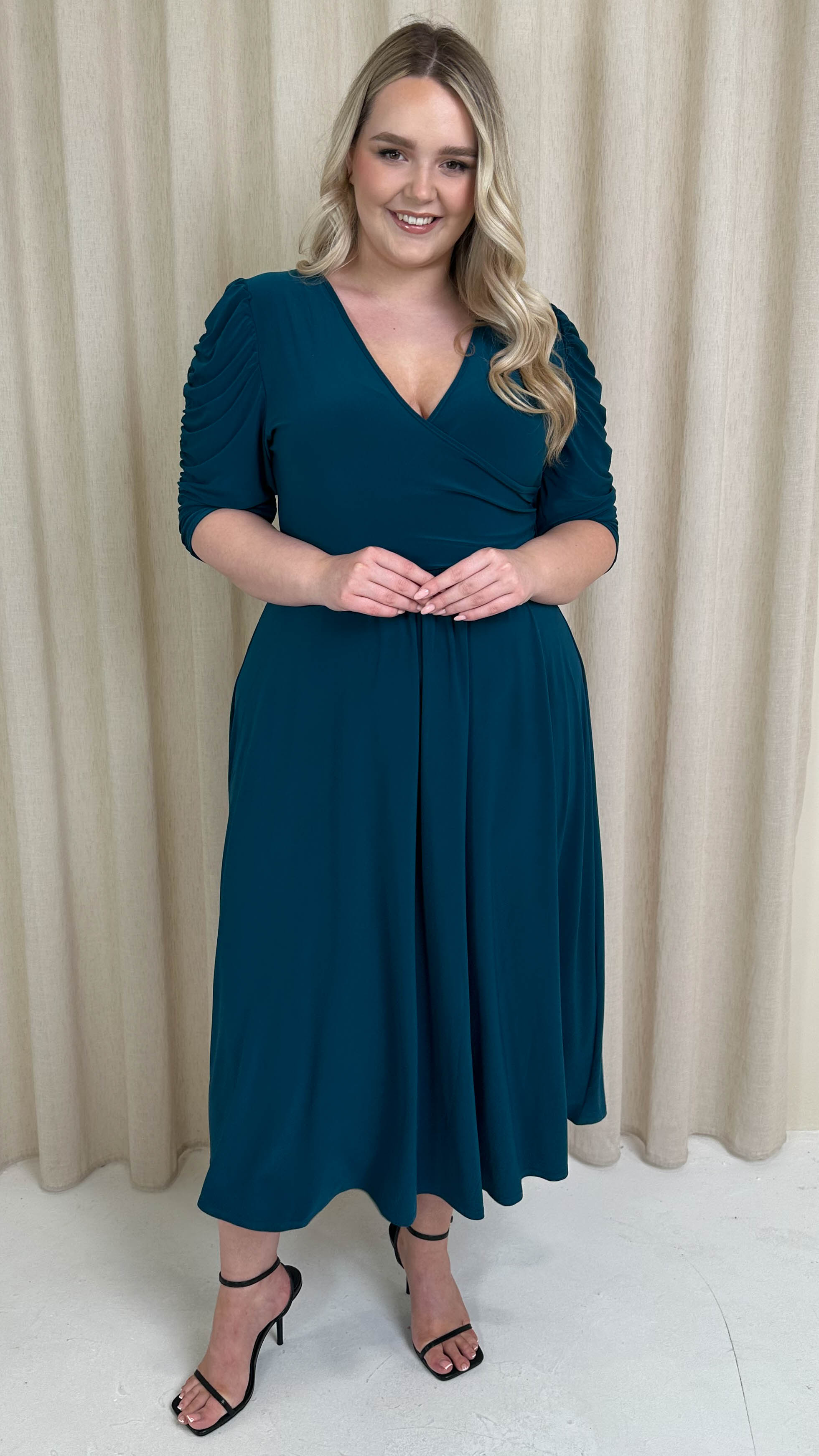 CurveWow 3/4 Balloon Sleeve Wrap Midi Dress Petrol