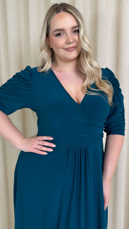 CurveWow 3/4 Balloon Sleeve Wrap Midi Dress Petrol