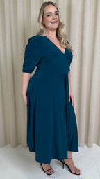 CurveWow 3/4 Balloon Sleeve Wrap Midi Dress Petrol