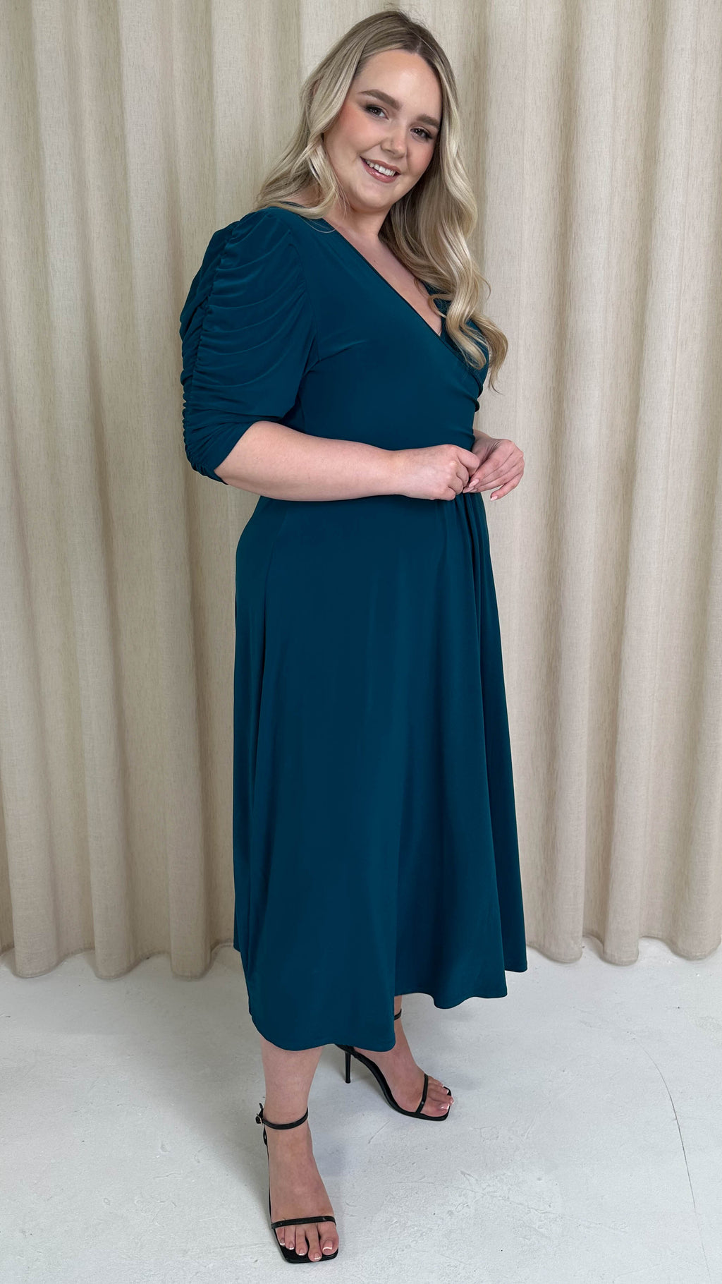 CurveWow 3/4 Balloon Sleeve Wrap Midi Dress Petrol