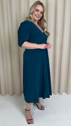 CurveWow 3/4 Balloon Sleeve Wrap Midi Dress Petrol