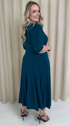 CurveWow 3/4 Balloon Sleeve Wrap Midi Dress Petrol