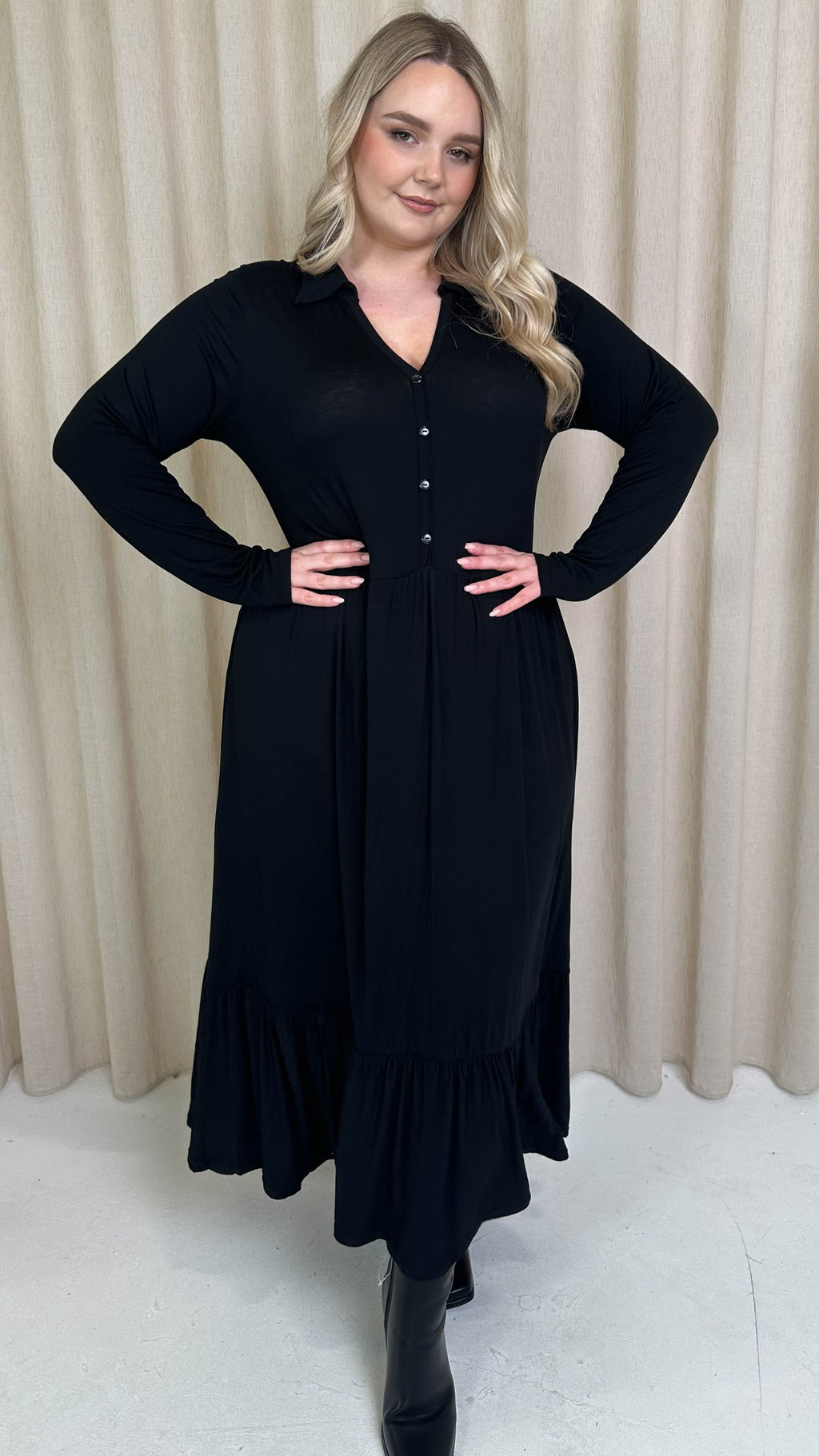 CurveWow Collared Button Smock Dress Black