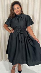 CurveWow High Neck Angel Sleeve Pleated Midi Dress Black