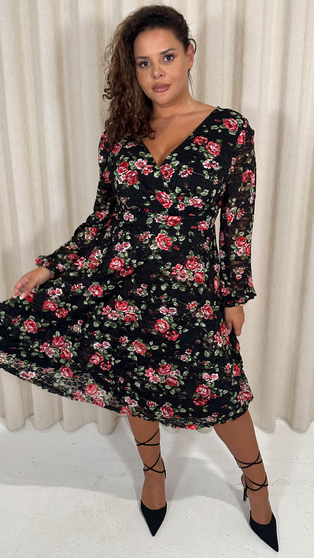 CurveWow Lace Plunge Ruffle Skater Dress Black Floral