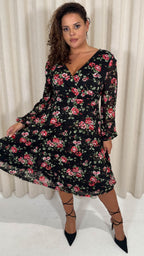 CurveWow Lace Plunge Ruffle Skater Dress Black Floral