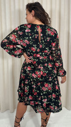 CurveWow Lace Plunge Ruffle Skater Dress Black Floral