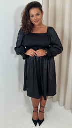 CurveWow Printed Satin Shirred Top Mini Dress Black