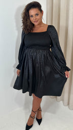 CurveWow Printed Satin Shirred Top Mini Dress Black