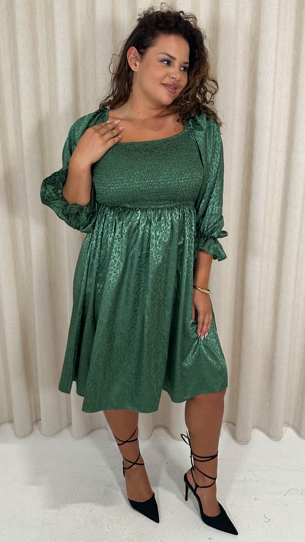 CurveWow Printed Satin Shirred Top Mini Dress Forest Green
